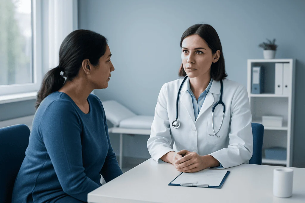 Doctor consulting with a patient about urinary health in a medical office.