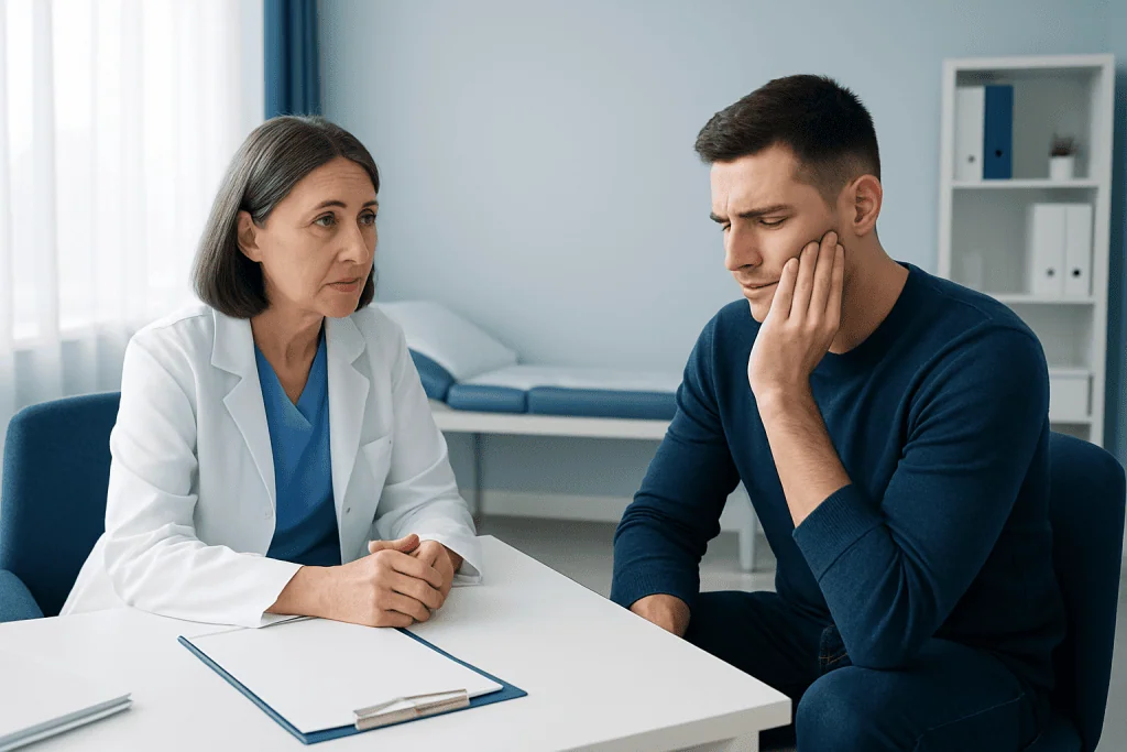 Dentist consulting young male patient about tooth sensitivity issues.
