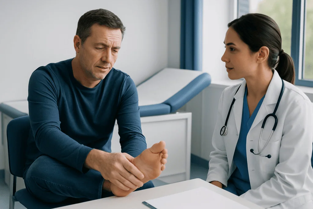 Doctor examining patient's foot in a clinical setting.