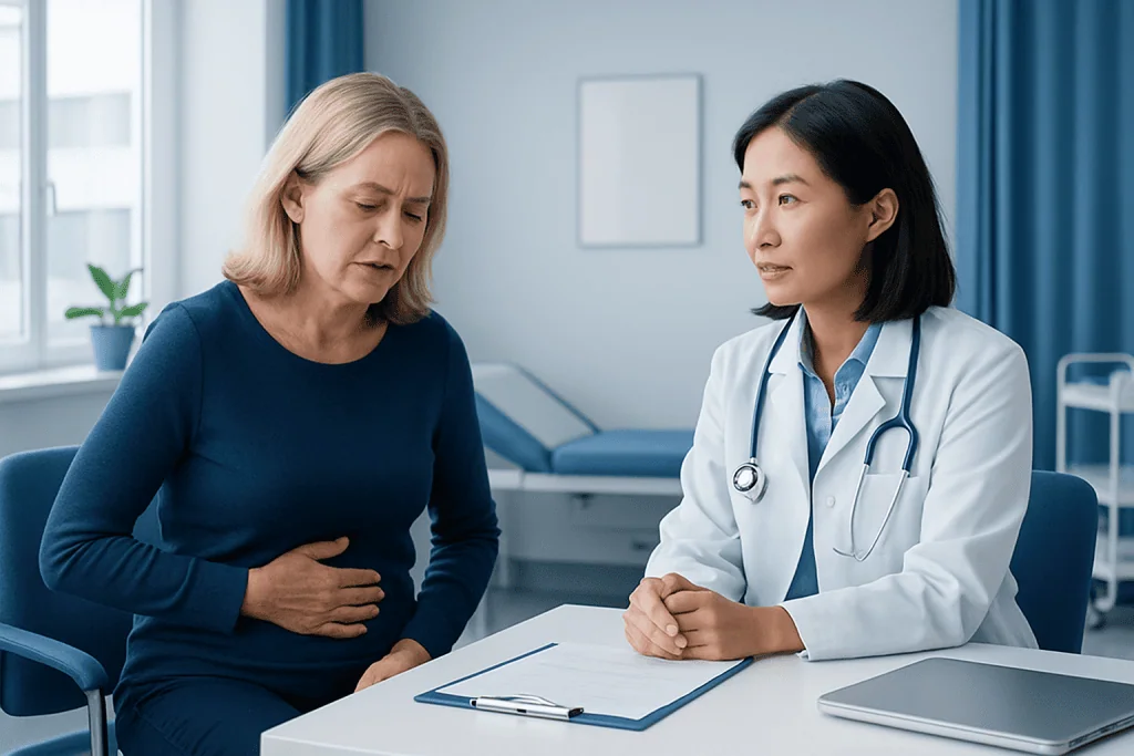 Doctor consulting with a patient about stomach pain in a hospital setting.
