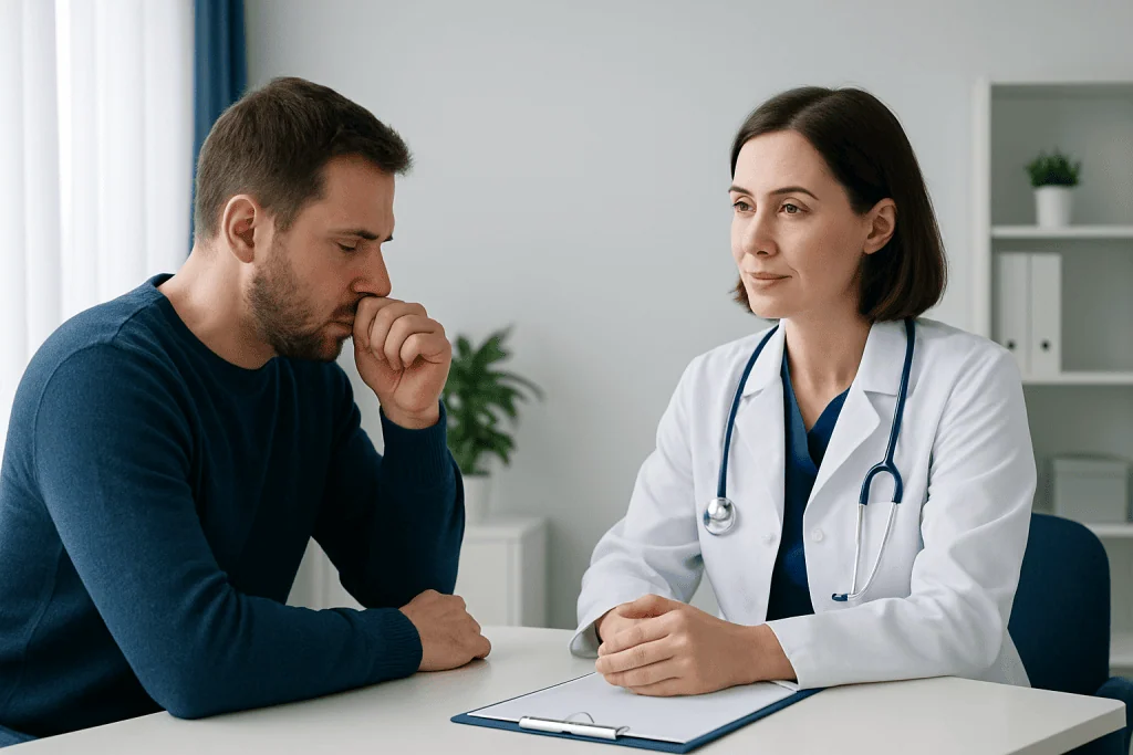 Doctor consulting with a patient in a medical office setting.