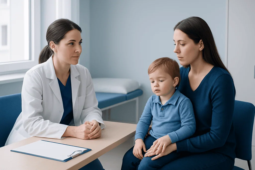 Pediatric consultation at Acibadem Hospitals Group with mother and doctor.