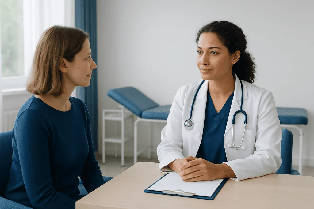 Doctor consulting with a patient in a medical office setting.