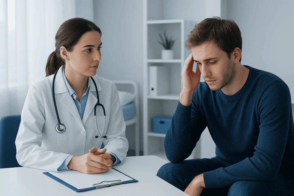 Doctor consulting with a male patient in a medical office.