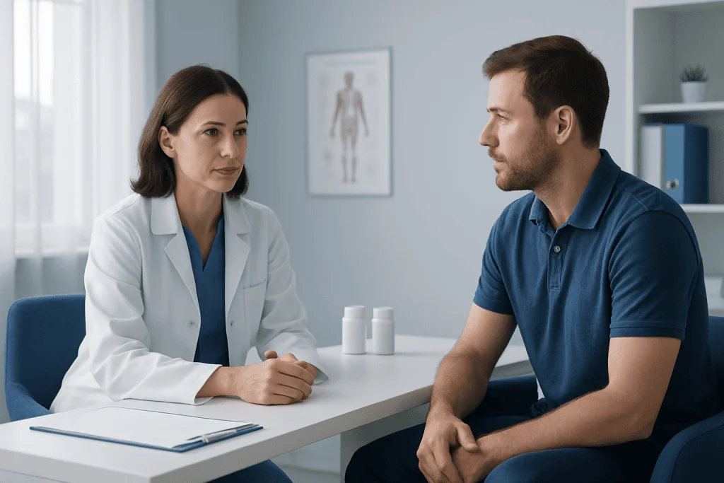 Doctor consulting with male patient in a medical office.