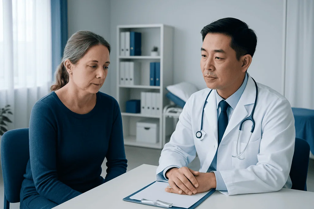 Doctor consulting with a female patient in a medical office.