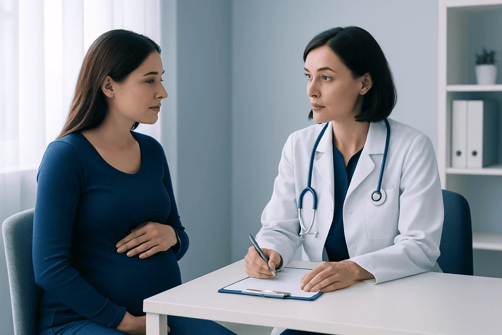 Pregnant woman consulting with a doctor in a medical office.