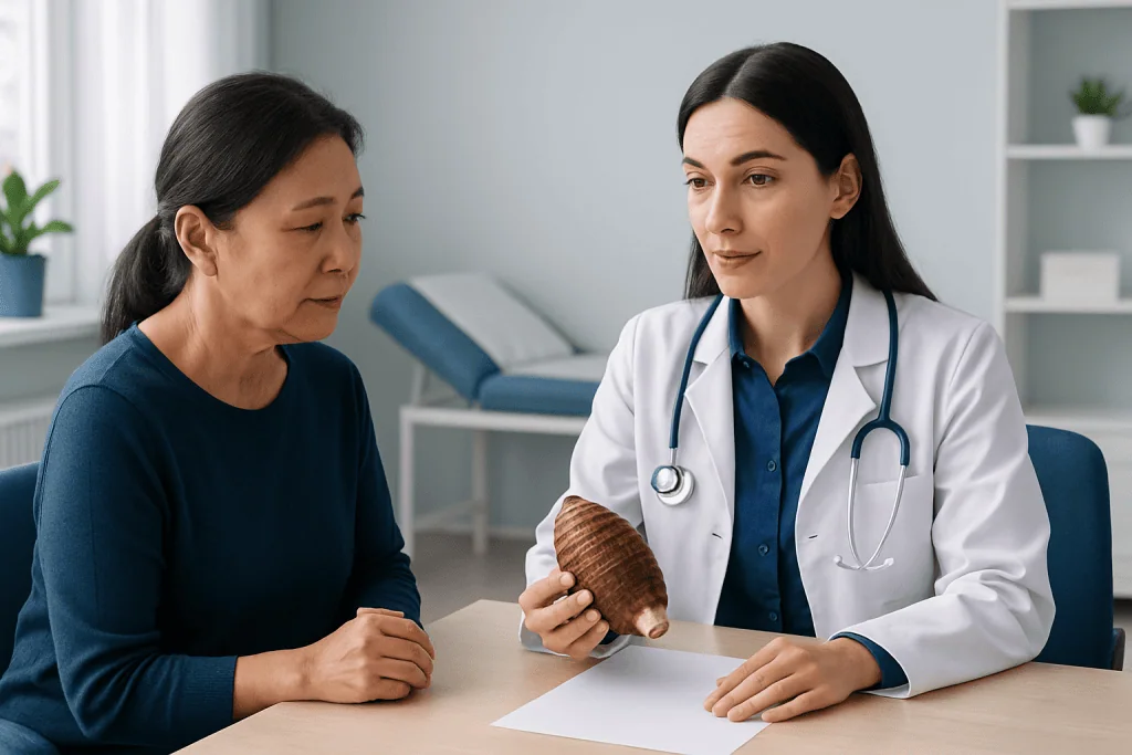 Doctor explaining taro vegetable benefits to patient in consultation room.