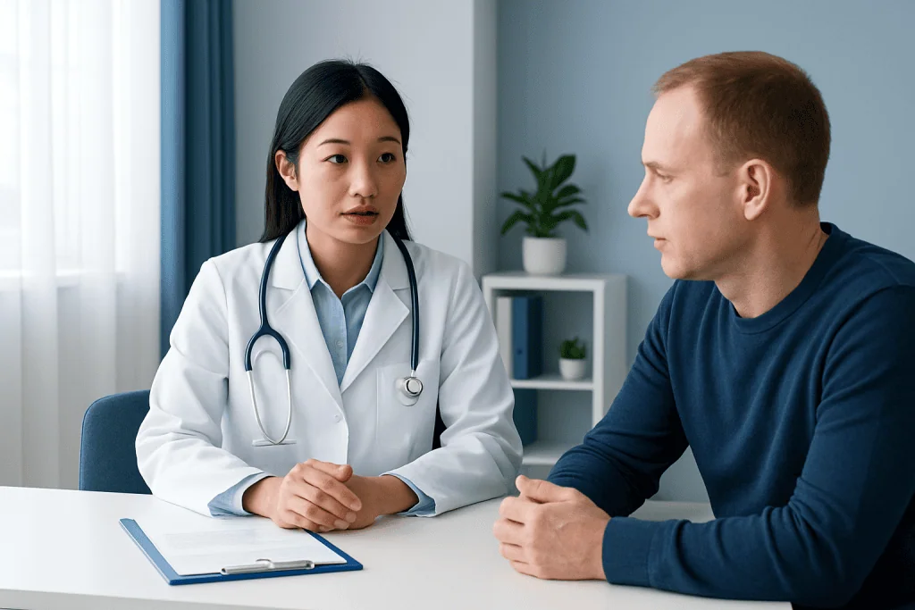 Doctor consulting with male patient in a medical office setting.