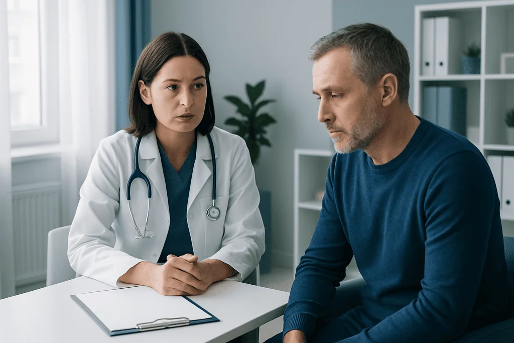 Doctor consulting with male patient in a medical office setting.