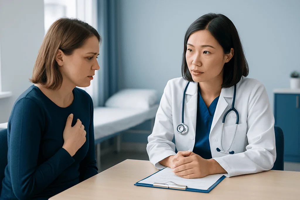 Doctor consulting a patient in a hospital room with a stethoscope and clipboard.