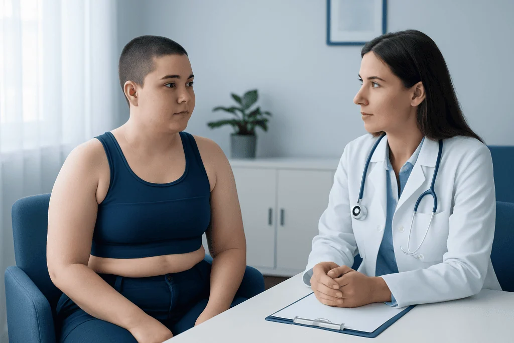Doctor consulting with a young patient in a medical office.