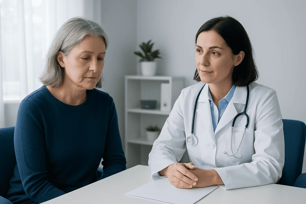 Doctor consulting with an elderly female patient in a medical office.