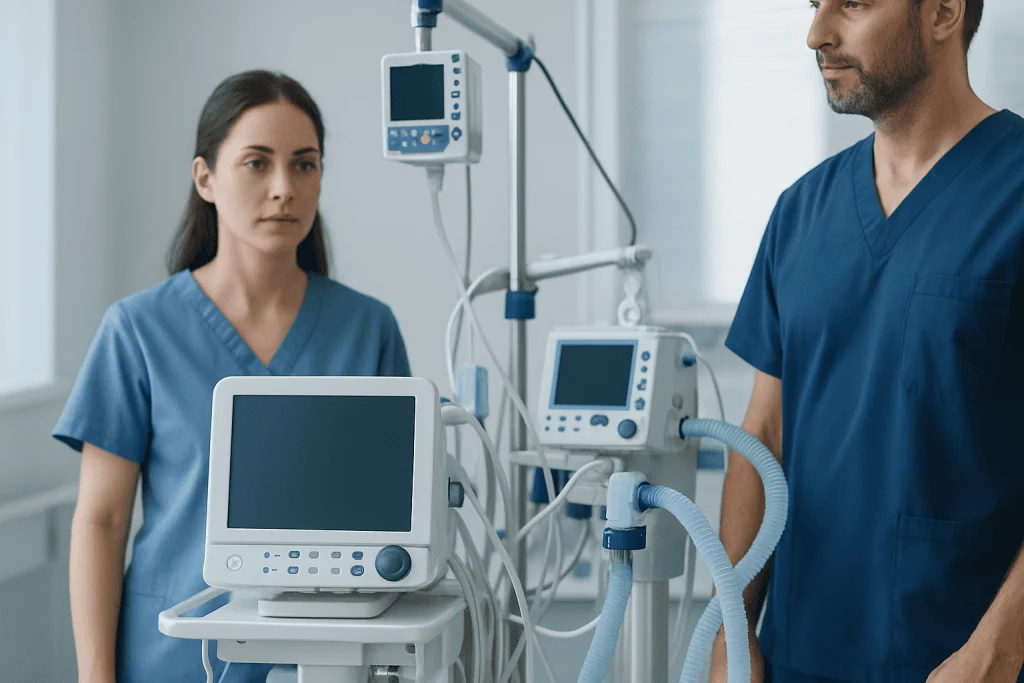 Medical professionals in ICU with ventilator and monitoring equipment.