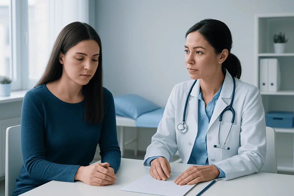 Doctor consulting with a young woman in a medical office setting.