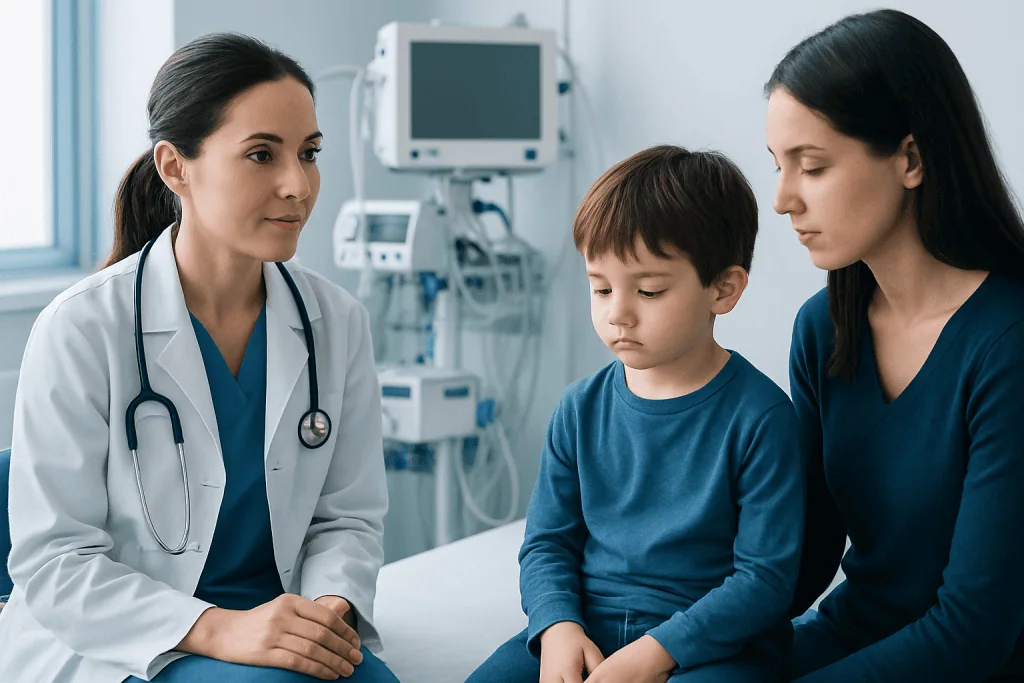 Doctor consulting with a young boy and his mother in a hospital room.