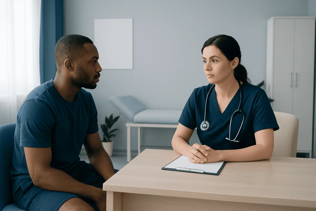 Doctor consulting with male patient in a medical office.