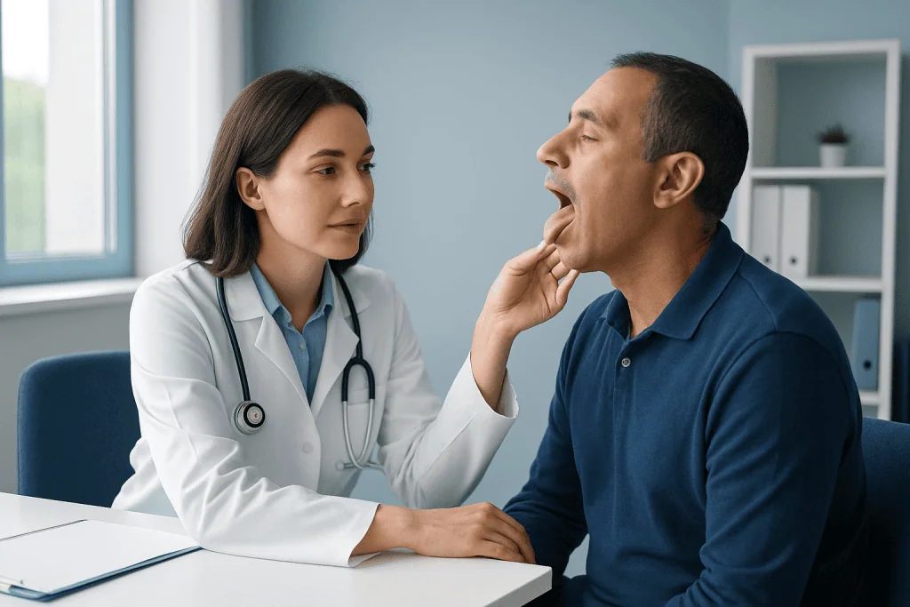 Doctor examines patient's throat in a clinical setting.