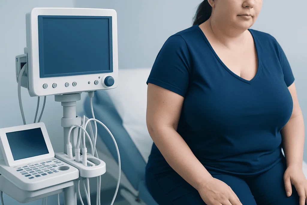 Medical examination of a woman with ultrasound equipment in a clinical setting.