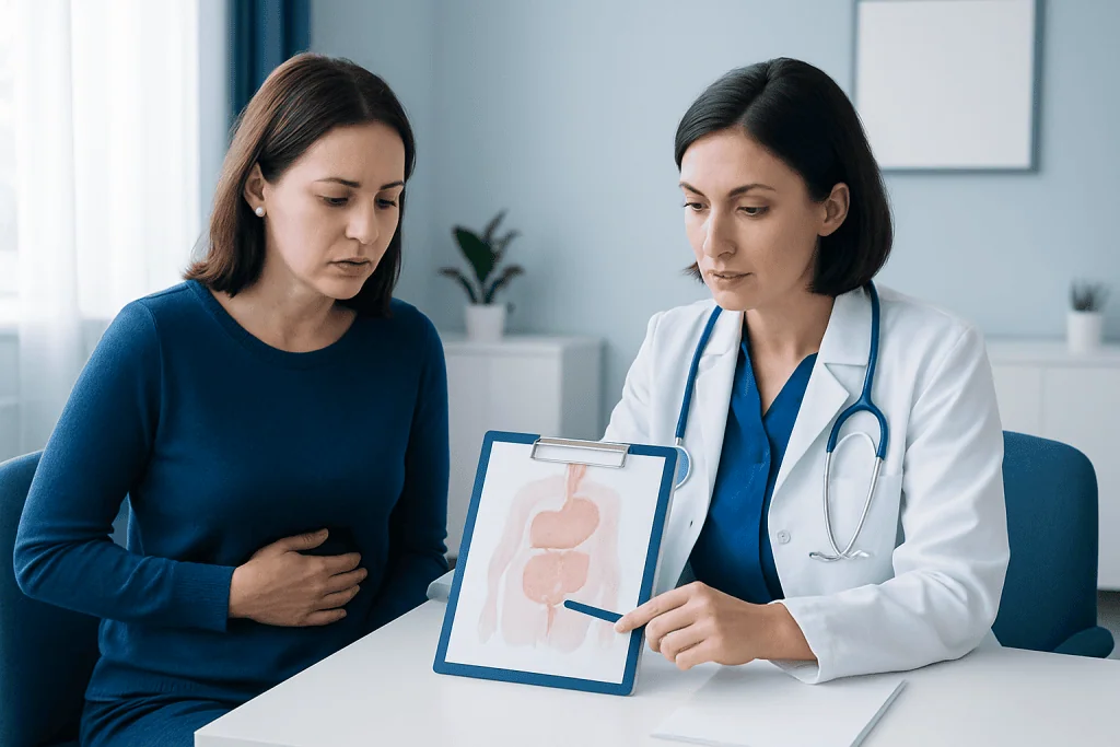 Doctor explains stomach health to patient with digestive diagram.