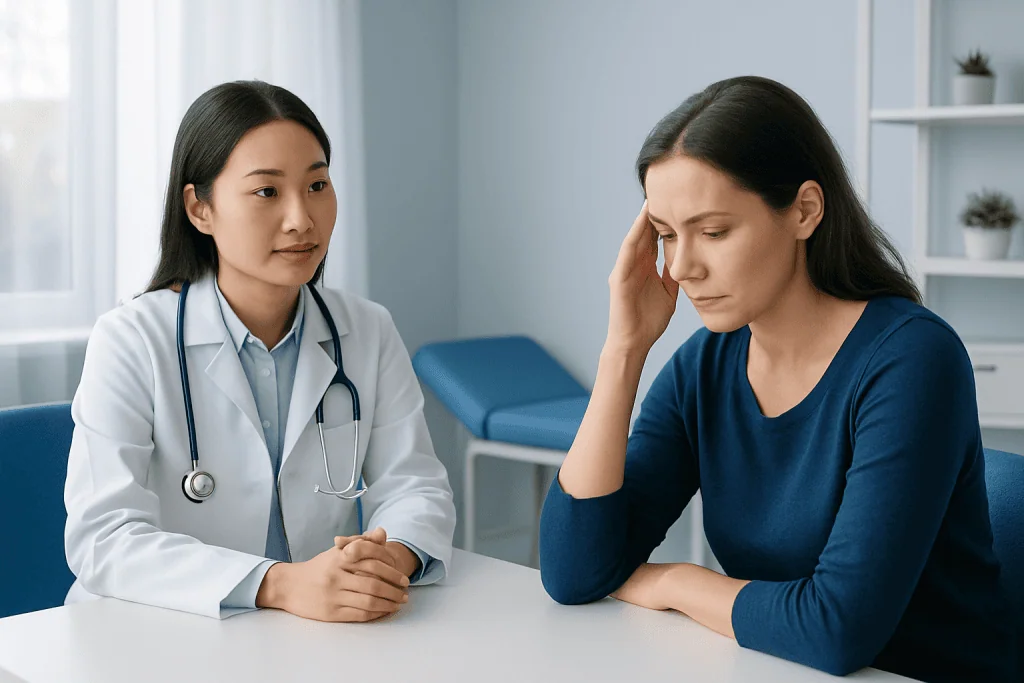Doctor consulting with a patient about health concerns in a medical office.