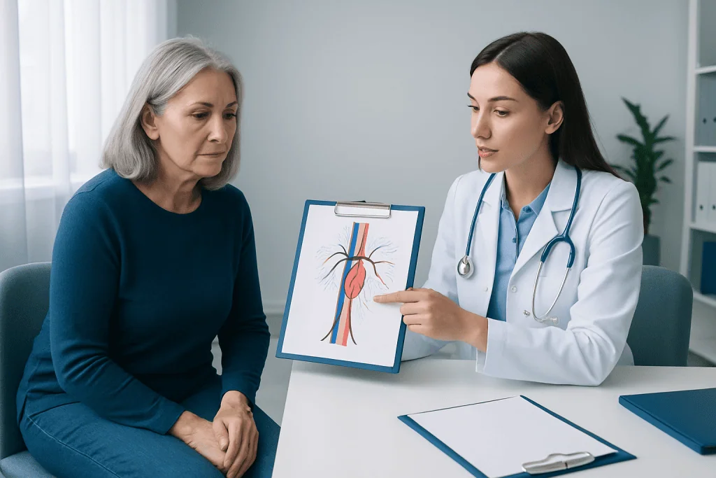 Doctor explaining blood circulation to a patient with diagram.