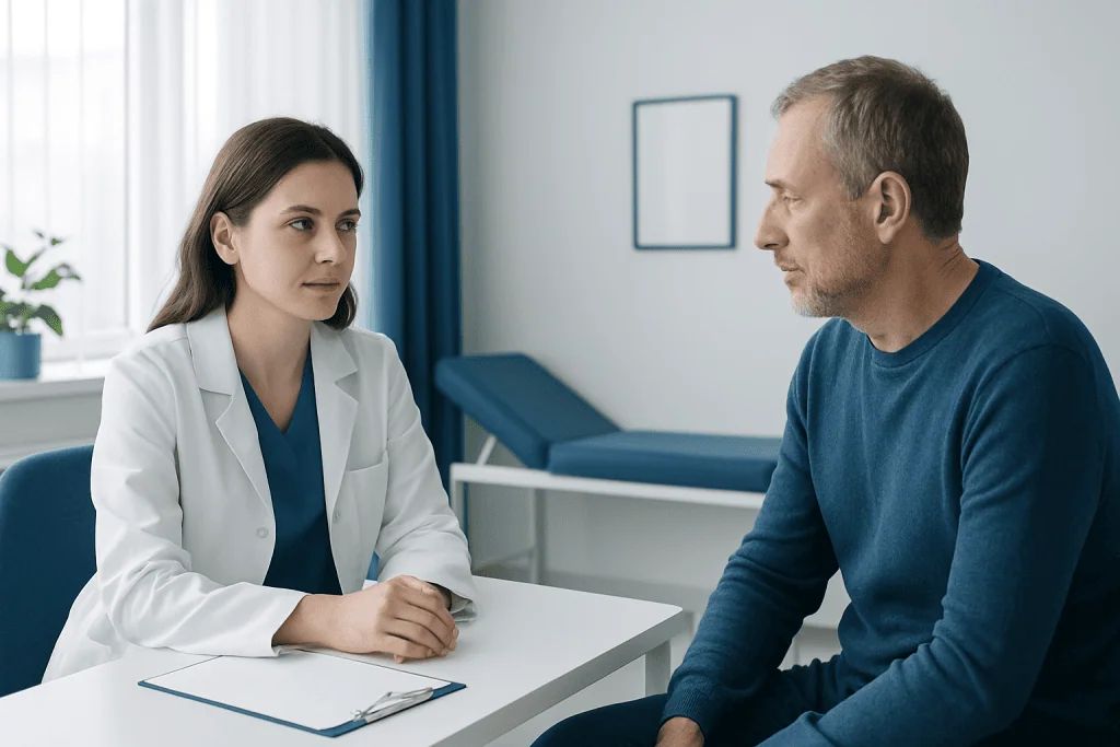 Doctor consulting with a patient in a modern hospital room.