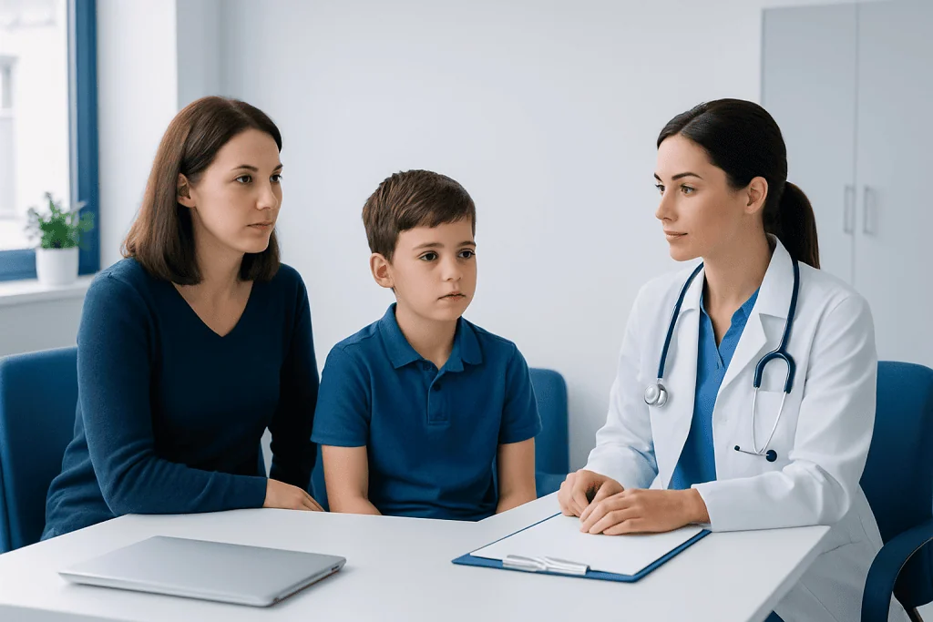 Doctor consulting with a mother and son in a medical office.