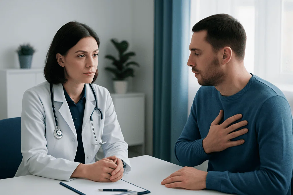 Doctor consulting with a patient about allergy symptoms in a clinic setting.