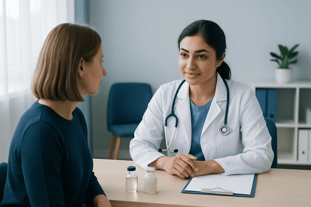 Doctor consulting with a patient in a medical office setting.