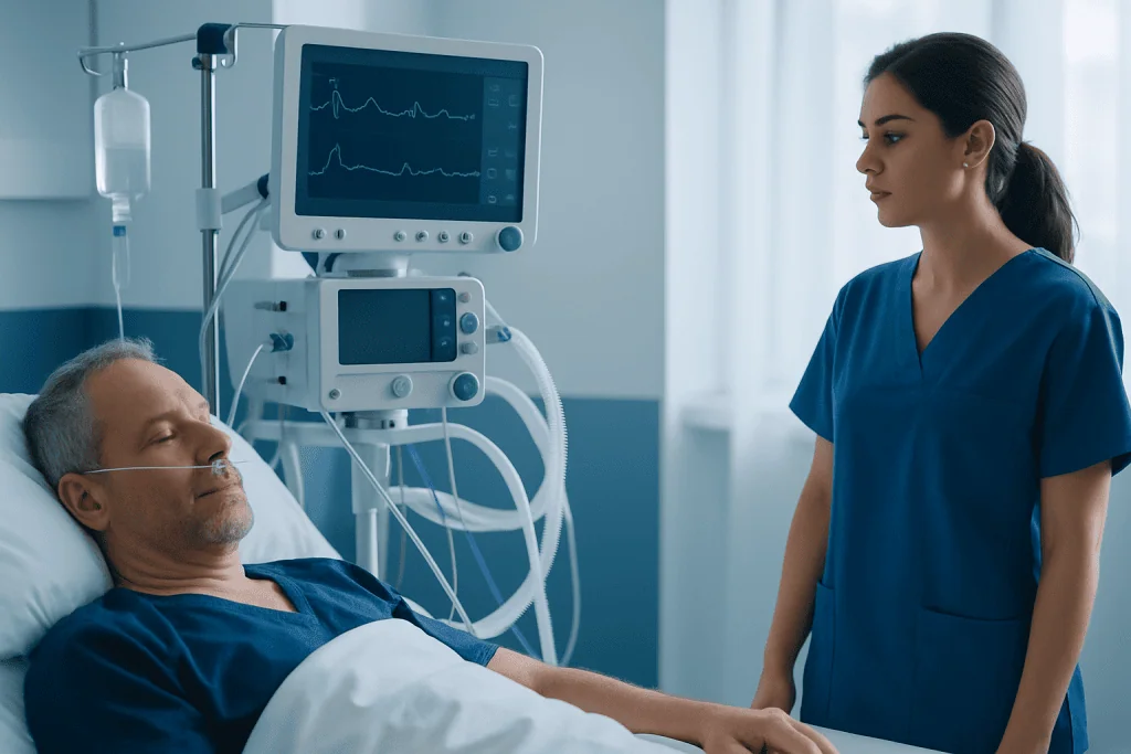 Patient in hospital bed with medical monitor and nurse by his side.