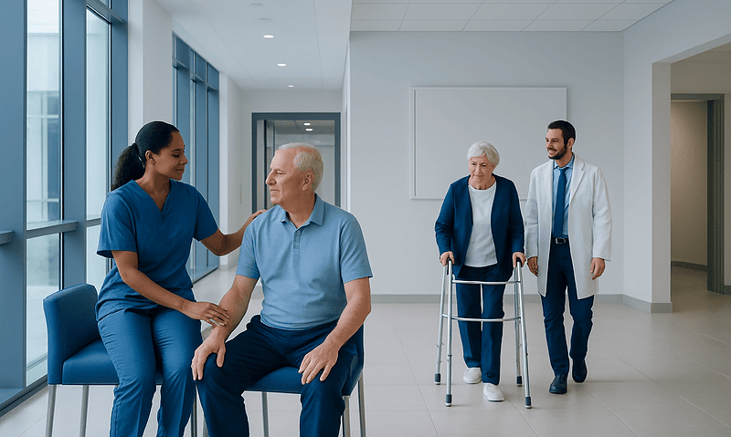 Healthcare professional assisting elderly patient in hospital corridor.