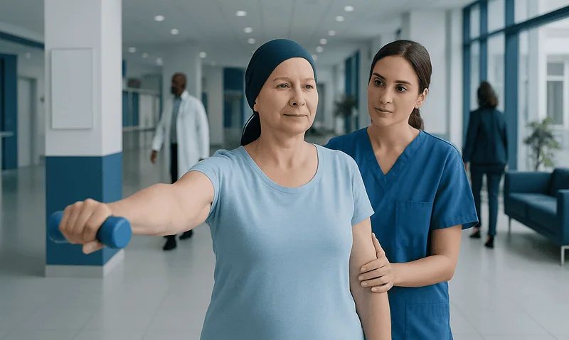 Woman performing arm exercise with nurse support in hospital corridor.