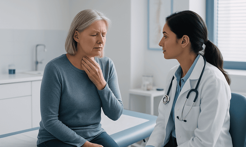 Doctor examining a woman with throat discomfort in a clinic setting.