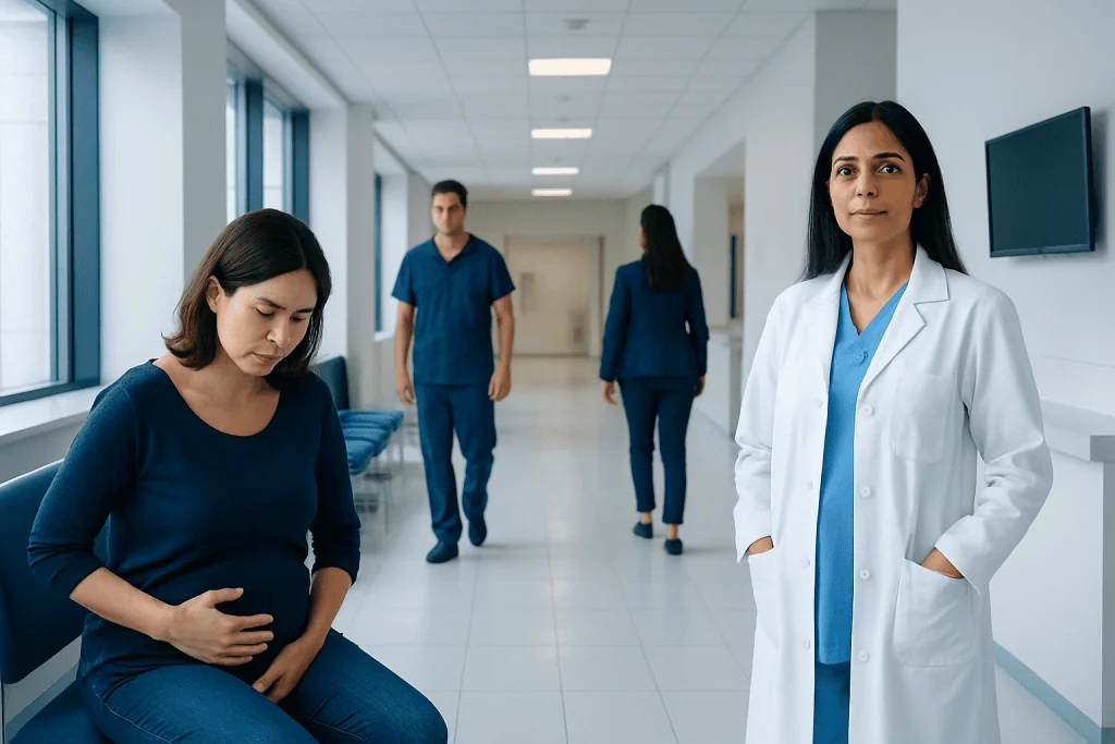 Post Pregnancy Gas: What Is Normal, What Is Not, and When to Seek Care 1 Pregnant woman in hospital waiting area with doctor and staff.