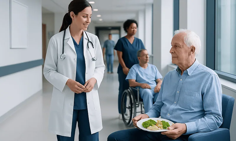 Post Prostatectomy Diet: An Evidence-Based Patient Guide 6 Healthcare professionals and elderly patients in a hospital corridor.