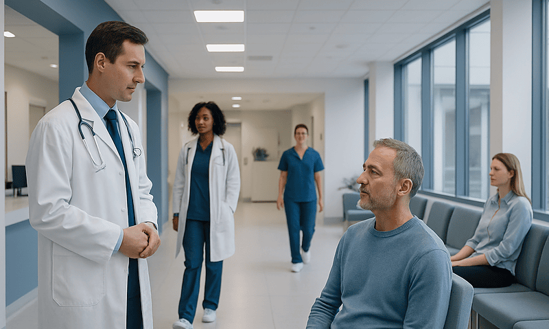 Doctor consulting with a patient in a hospital corridor.