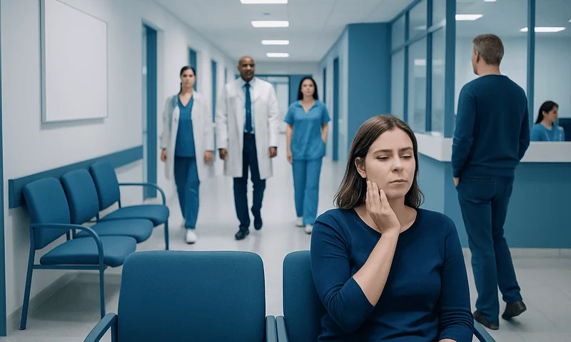 Patient experiencing discomfort in a hospital waiting area.