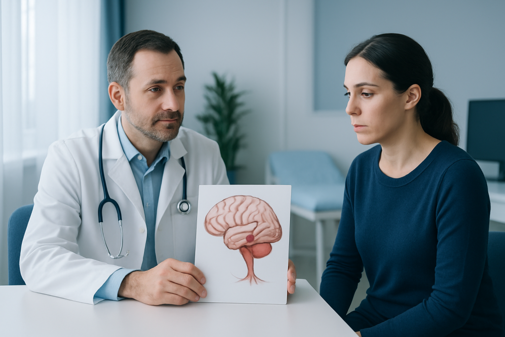 Doctor explaining brain anatomy to patient with brain diagram.