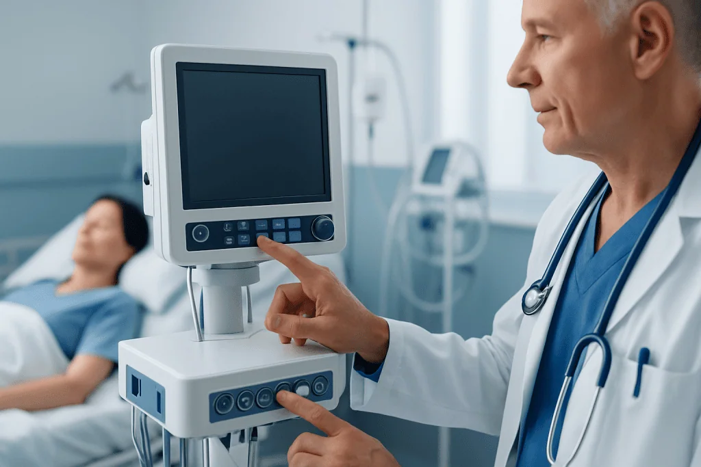 Doctor monitoring patient with medical equipment in hospital.