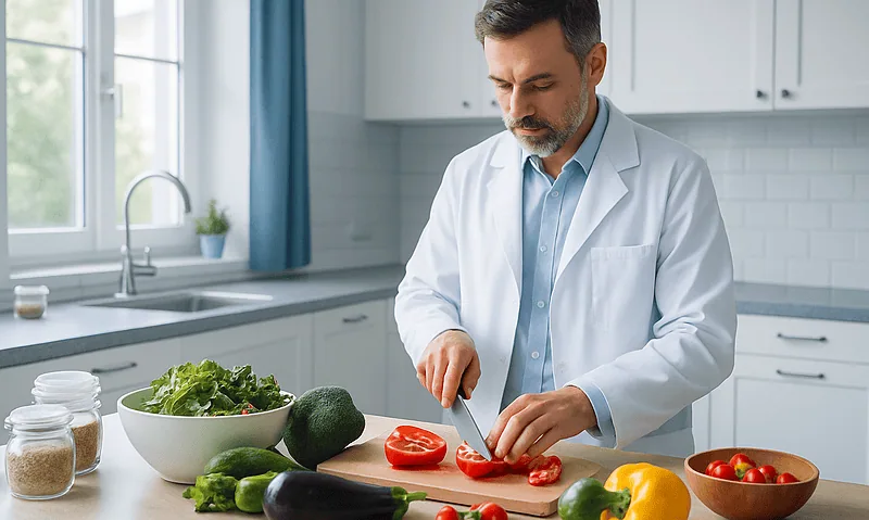 Doctor preparing fresh vegetables in a modern kitchen for healthy eating.