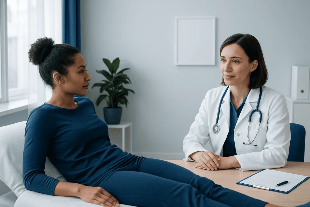 Female doctor consulting with a patient in a modern medical office.