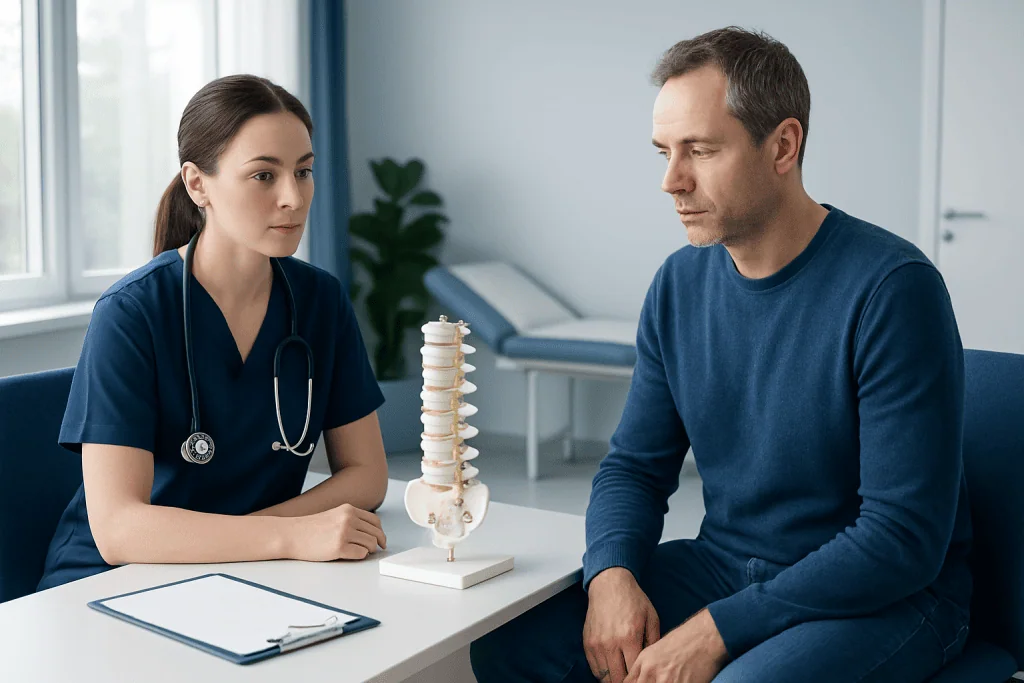 Doctor explaining lumbar spine model to patient in clinic setting.