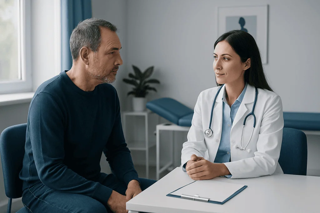 Doctor consulting with a male patient in a modern clinic setting.