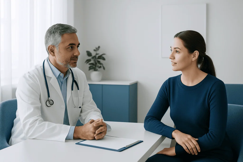 Doctor consulting with a female patient in a modern clinic setting.