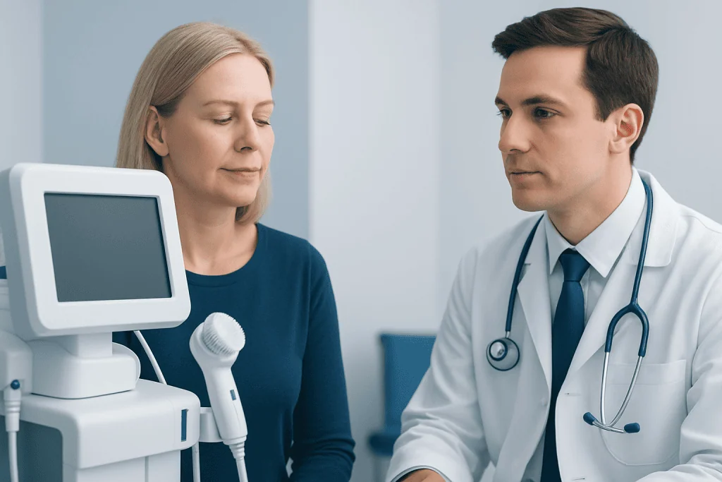 Doctor consulting with a patient in a medical examination room.