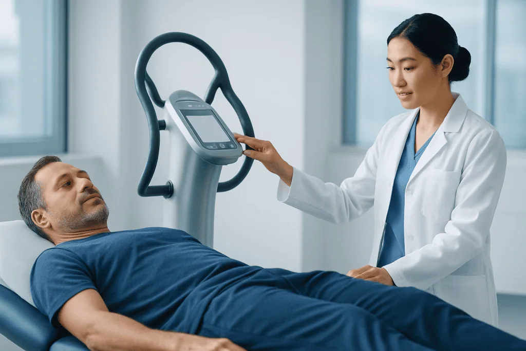 Patient undergoing vibration therapy in a modern medical facility.