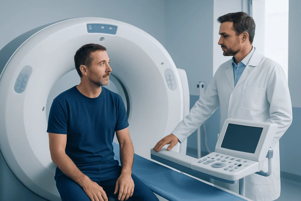 Patient undergoing MRI scan at Acibadem Hospital for health assessment.