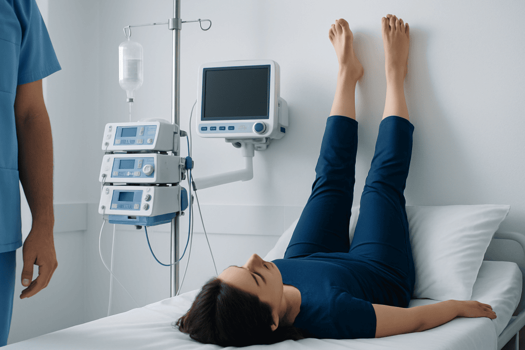 Patient undergoing medical monitoring in a hospital room with medical equipment.