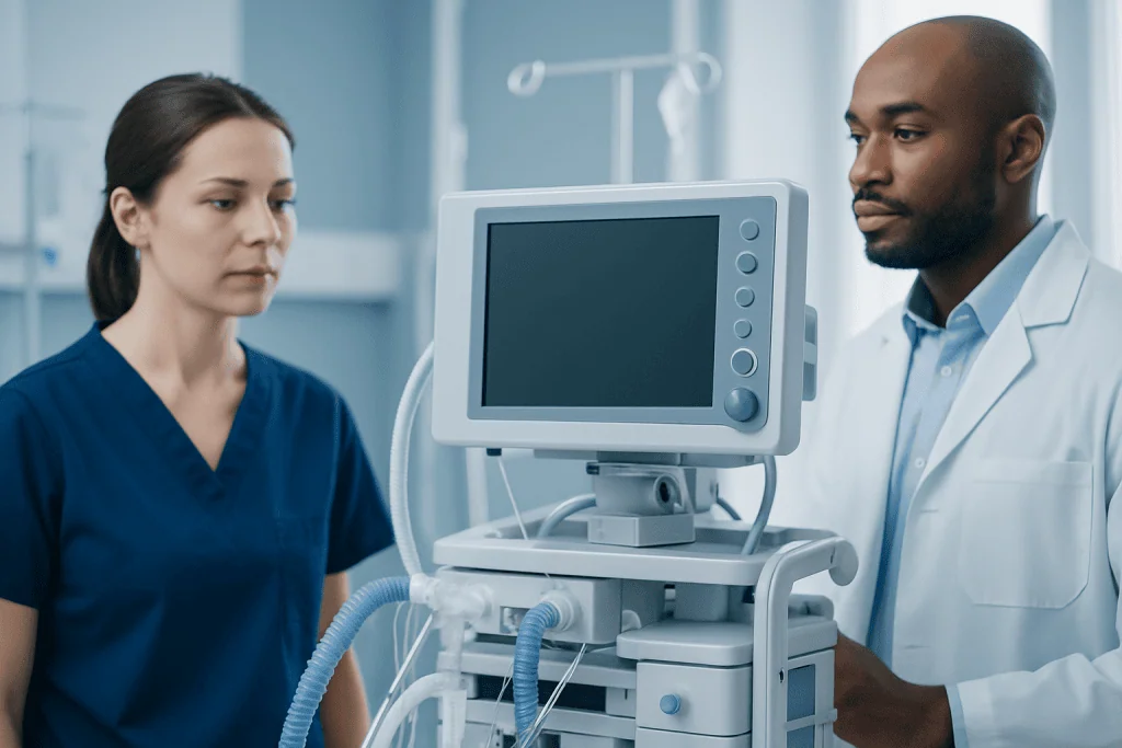 Medical professionals operating ventilator in hospital setting.